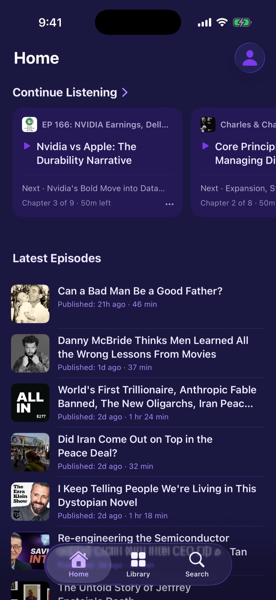Saaro home screen showing Continue Listening and Latest Episodes